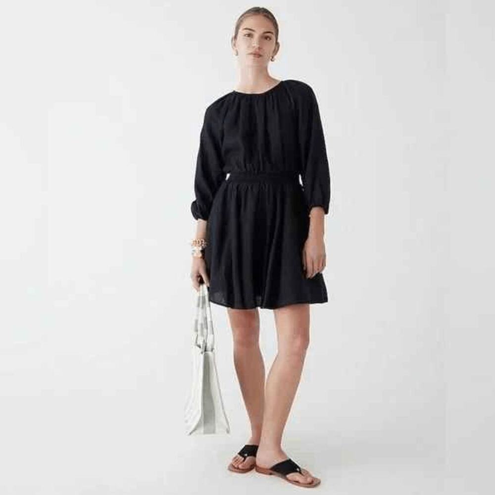 J.Crew Palmero Black Linen Smocked Waist Mini Dress NWT XS